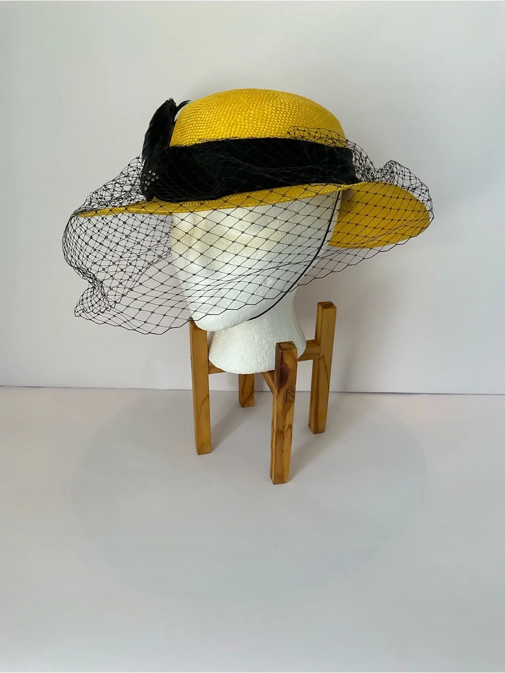 Vintage Miss Bierner Elegant Yellow Veiled Derby Hat with Black Feather Trim